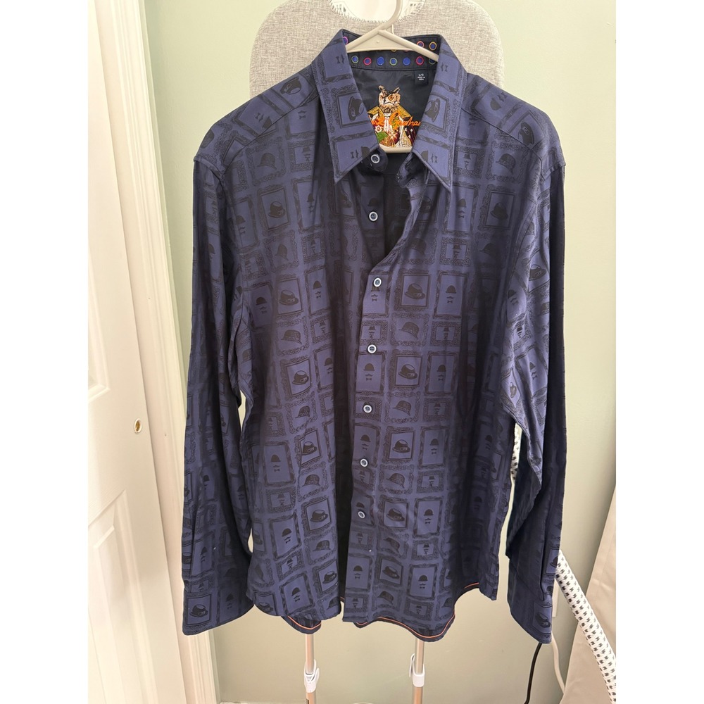 Robert Graham Mens L Shirt Navy Owl Embroidered Hat Print Button Down Artwear